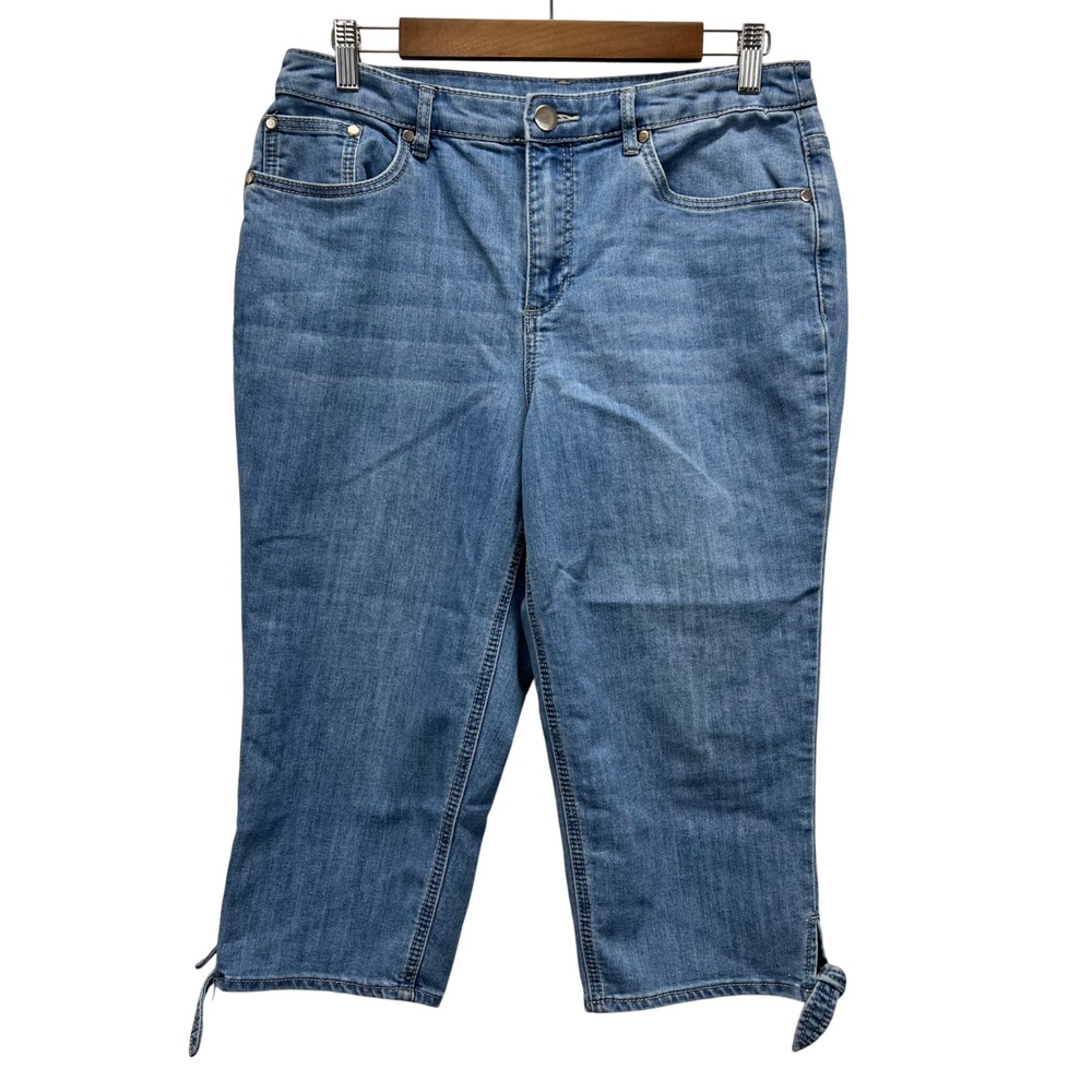 Christopher & Banks Women 8 Blue Denim Capri Jeans Tie Hem High Rise Medium Wash